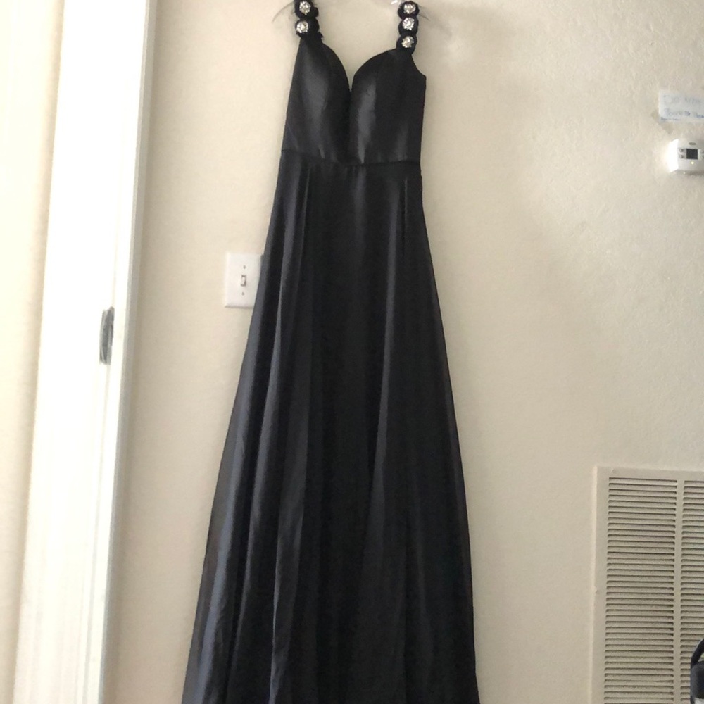 Black prom dress with flower straps